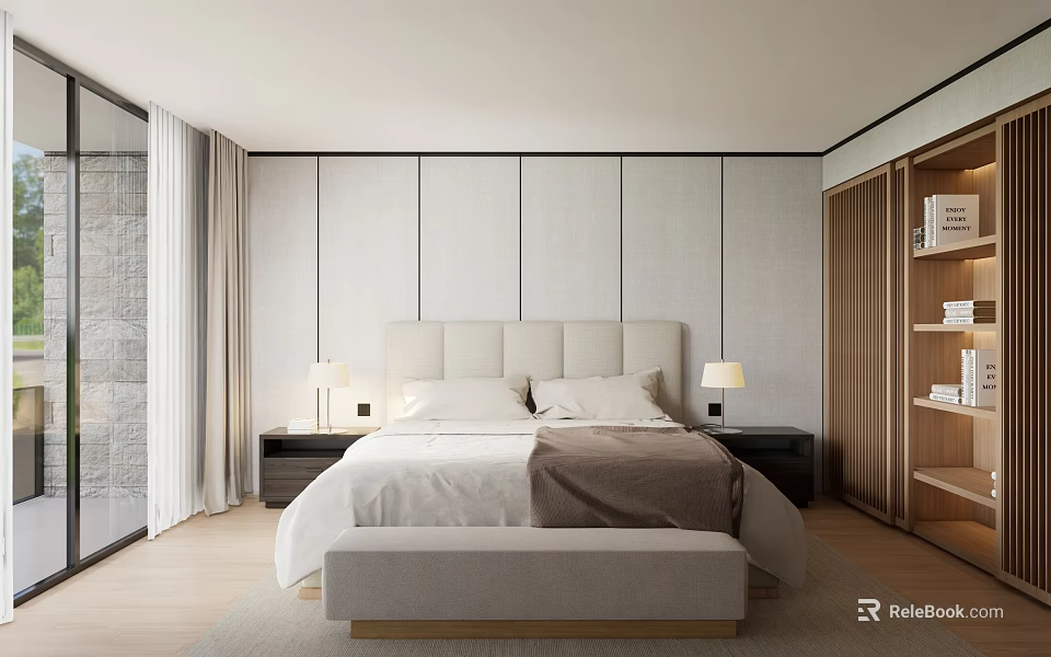 Modern Minimalist Bedroom Interior With Upholstered Headboard Nightstands Table Lamps And Bed Bench 3d model 