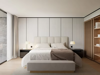 Modern Minimalist Bedroom Interior With Upholstered Headboard Nightstands Table Lamps And Bed Bench 3d model