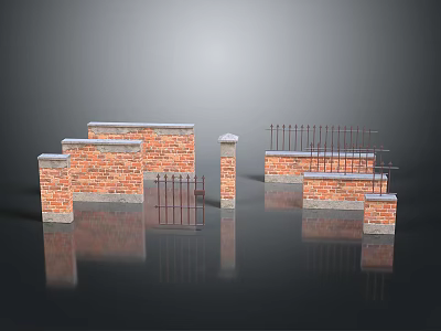 Scenic View of Red Brick Structures with Stone Walls and Iron Fences 3d model