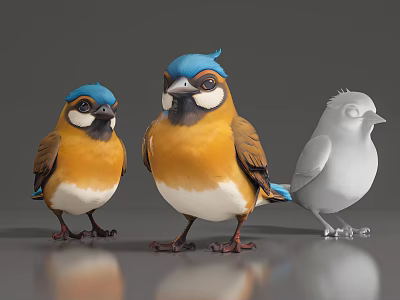 Three Vibrant Birds With Blue Crests Yellow Bellies Brown Wings And Gray Figure 3d model