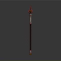 Ornate Red and Gold Staff Weapon with Spiral Pattern and Decorative Top Shaft