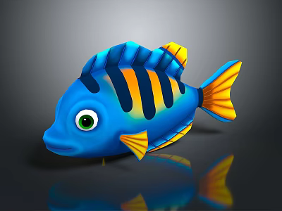 Colorful Cartoon Fish with Blue Body Orange Yellow Stripes Large Eyes Yellow Tail and Reflection 3d model