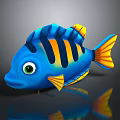 Colorful Cartoon Fish with Blue Body Orange Yellow Stripes Large Eyes Yellow Tail and Reflection