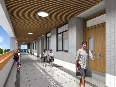 School Hallway With Wooden Ceiling White Walls Windows And Students Walking 3d model