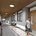 School Hallway With Wooden Ceiling White Walls Windows And Students Walking