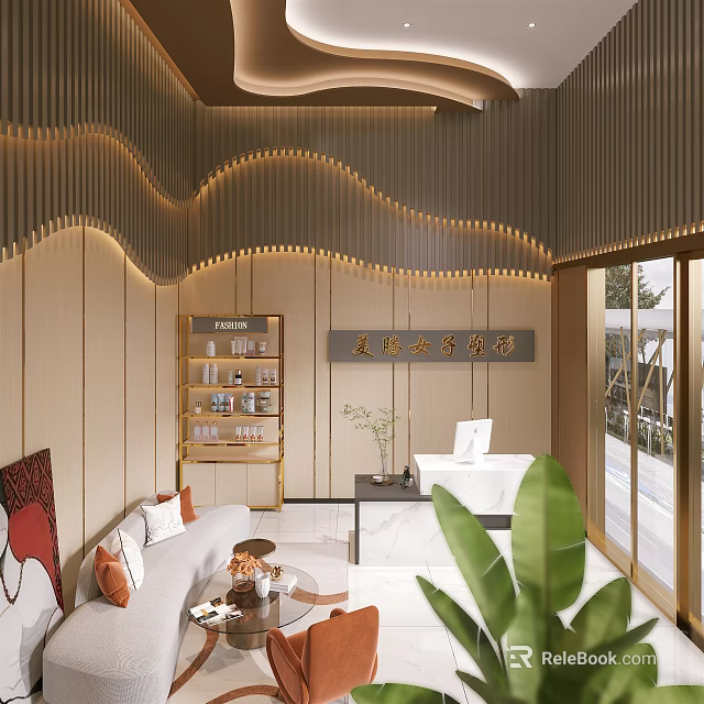 Elegant Shop Front Desk With Wavy Wooden Ceiling Gold Accents Sofa Area And Green Plant 3d model 