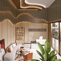 Elegant Shop Front Desk With Wavy Wooden Ceiling Gold Accents Sofa Area And Green Plant