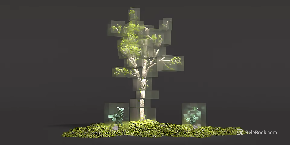 Artistic Cubed Arbor Design With Green Grass And Small Plants Around 3d model 