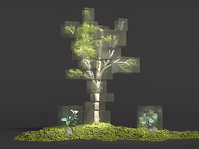 Artistic Cubed Arbor Design With Green Grass And Small Plants Around 3d model