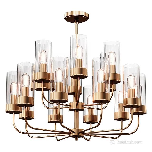 Elegant Modern Chandelier With Golden Frame Clear Glass Shades And Multiple Bulbs 3d model 