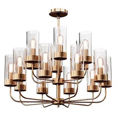 Elegant Modern Chandelier With Golden Frame Clear Glass Shades And Multiple Bulbs 3d model