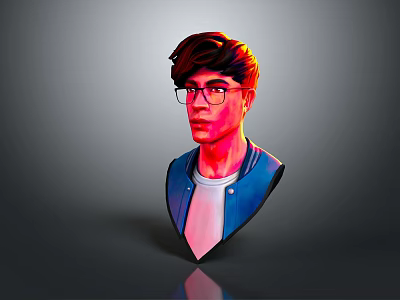 3D Digital Art Character Bust Young Man with Glasses Brown Hair Blue Jacket Gray Background 3d model