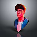 3D Digital Art Character Bust Young Man with Glasses Brown Hair Blue Jacket Gray Background