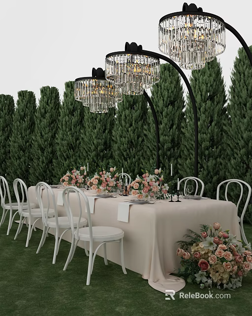 Elegant Dining Table Set With White Chairs Floral Decor Crystal Chandeliers And Green Tree Backdrop 3d model 