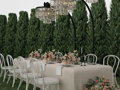 Elegant Dining Table Set With White Chairs Floral Decor Crystal Chandeliers And Green Tree Backdrop 3d model