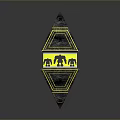 Futuristic Geometric Polyhedron Sculpture With Yellow Black Mechanical Silhouettes And Starry Patterns