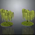Lush Green Willow Trees With Hanging Branches On Round Grass Base 3d model