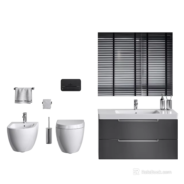 Contemporary Bathroom Interior Featuring Vanity Washbasin Toilet Towel Rack And Blinds 3d model 