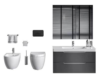 Contemporary Bathroom Interior Featuring Vanity Washbasin Toilet Towel Rack And Blinds 3d model