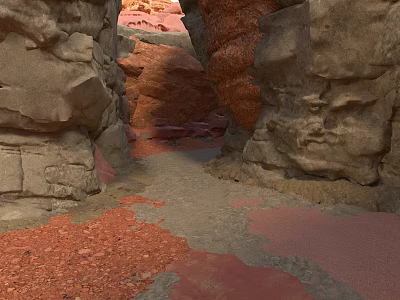 Natural Rocky Crevice With Rough Rock Walls And Scattered Red Sand Pathway 3d model