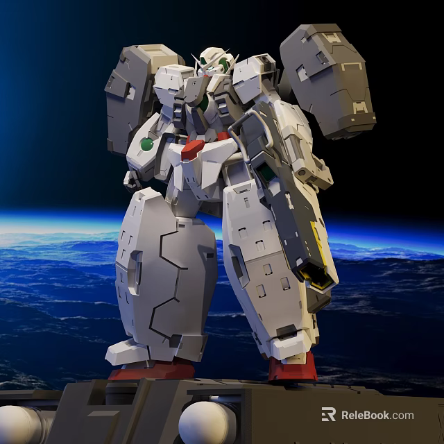 Detailed White And Gray Gundam Model With Red Accents Against Earth In Space 3d model 