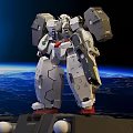 Detailed White And Gray Gundam Model With Red Accents Against Earth In Space