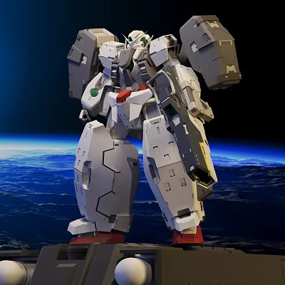 Detailed White And Gray Gundam Model With Red Accents Against Earth In Space 3d model