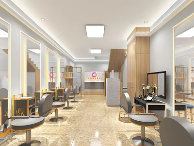Beauty Hair Salon Interior Modern Bright Design With Styling Chairs Mirrors Reception Desk And Shelves 3d model