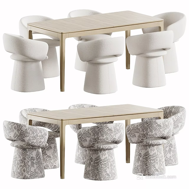 Modern Table and Chair Set With Light Wood Table and Patterned Upholstered Chairs 3d model 