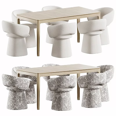 Modern Table and Chair Set With Light Wood Table and Patterned Upholstered Chairs 3d model