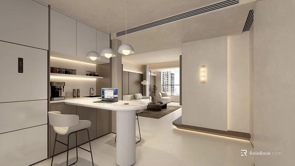 Modern Light Luxury Open Dining Space With Elegant Island Counter And Cozy Connected Living Area 3d model 