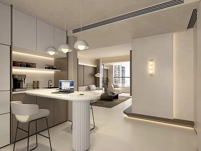 Modern Light Luxury Open Dining Space With Elegant Island Counter And Cozy Connected Living Area 3d model