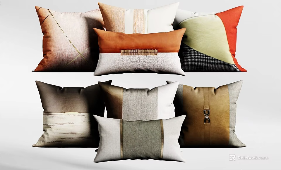Colorful Decorative Throw Pillows With Various Fabric Textures And Patterns For Home Decor 3d model