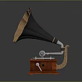 Vintage Phonograph Audio Equipment With Wooden Base Horn Shaped Speaker Black Turntable And Decorative Patterns