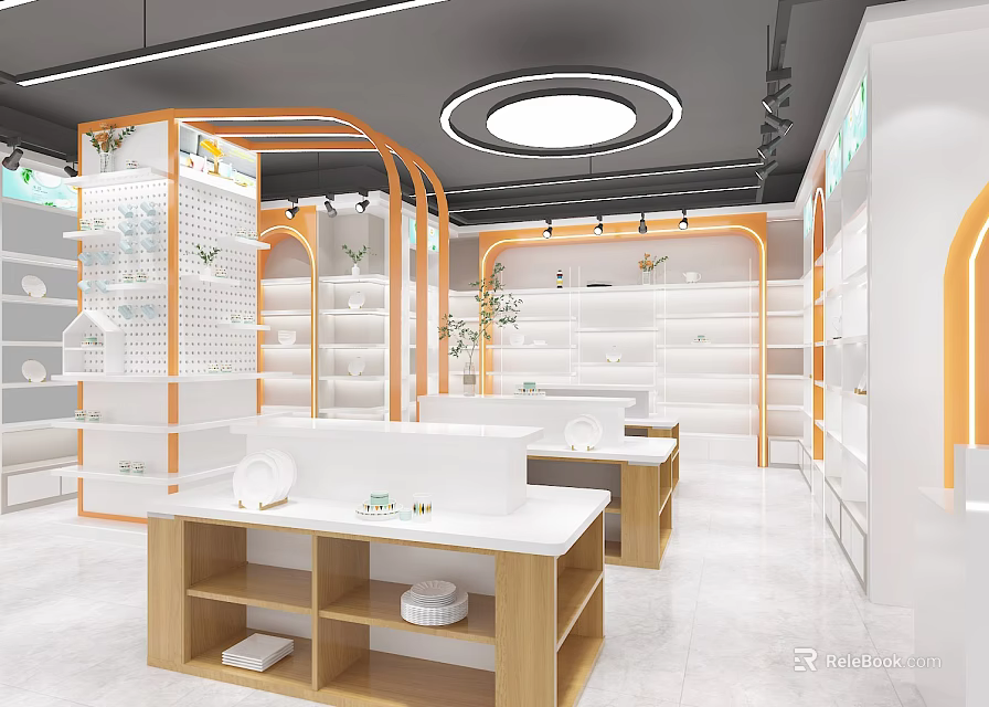 Modern Specialty Store Interior With Bright Lighting Open Layout Display Shelves And Wooden Counters 3d model 