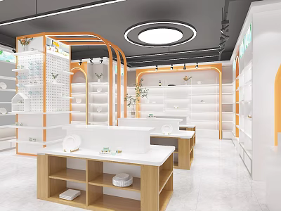 Modern Specialty Store Interior With Bright Lighting Open Layout Display Shelves And Wooden Counters 3d model