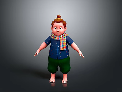 Cartoon Boy Design With Brown Hair Topknot Colorful Plaid Scarf Blue Shirt Green Shorts Barefoot 3d model