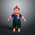 Cartoon Boy Design With Brown Hair Topknot Colorful Plaid Scarf Blue Shirt Green Shorts Barefoot