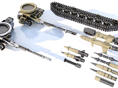 Military Equipment Components Including Telescopes Barrels Tank Tracks And Missiles 3d model