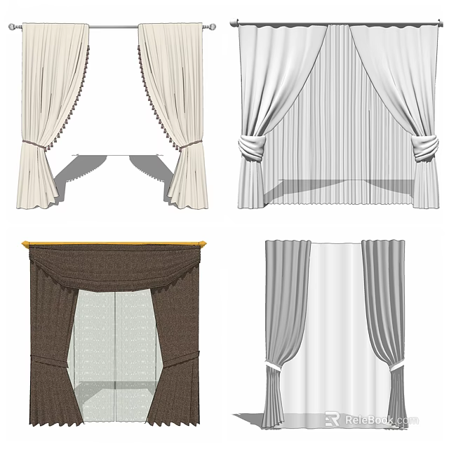 Various Style Curtains with Beige White Striped Brown Gray Designs for Home Decor 3d model 