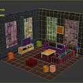 Brick Wall Living Room Interior With Stained Glass Windows Navy Blue Sofa And Orange Stools
