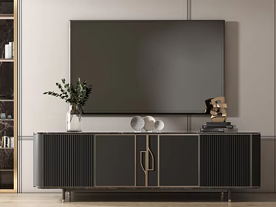 Elegant Modern TV Stand With Metal Handles Cabinet Doors Decorative Vase Green Plant And Books 3d model