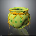Green Decorative Jar With Yellow Leaf Patterns Polka Dots And Orange Bow