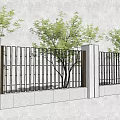 Modern Building Exterior Wall Design With Concrete Surface And Black Metal Fence Near Green Trees