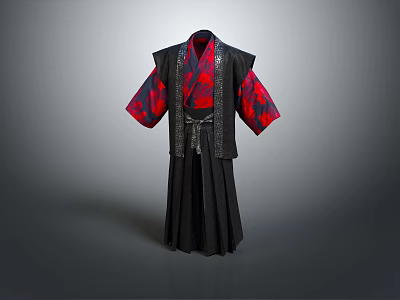 Traditional Japanese Kimono Outfit With Red Floral Sleeves And Black Robe 3d model
