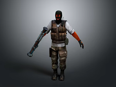 Man Wearing Black Mask Tactical Vest And Mechanical Arm With Camouflage Pants 3d model