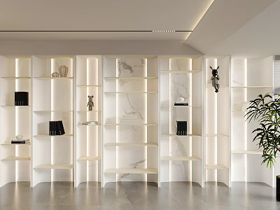 Modern White Display Shelves With Marble Panels LED Lighting And Decorative Items Indoor Plant 3d model