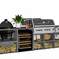 Modern Kitchen Interior Design With Grill Oven Wine Rack Pots Cabinets And Plants