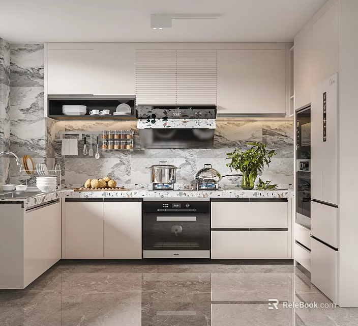 Elegant Modern Kitchen Interior With White Cabinets Marble Walls Countertop And Appliances 3d model 