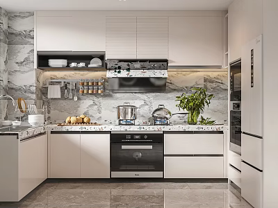 Elegant Modern Kitchen Interior With White Cabinets Marble Walls Countertop And Appliances 3d model